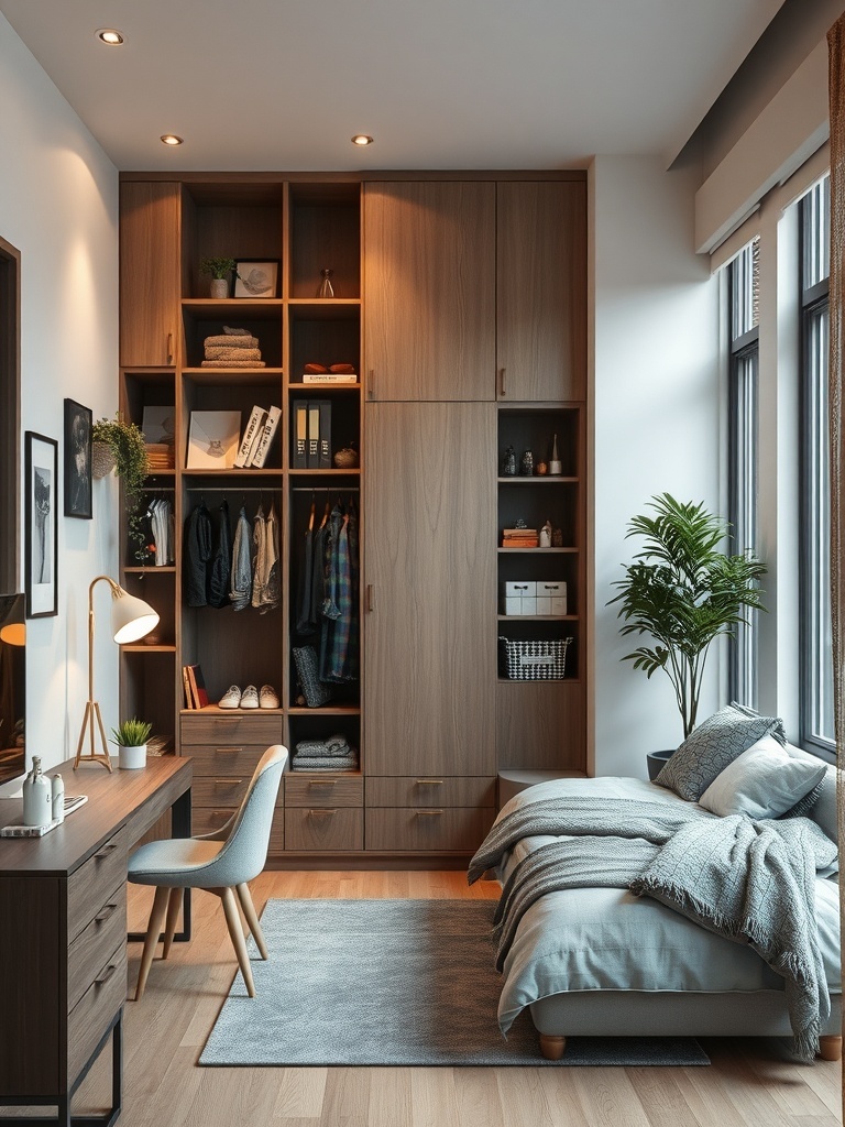 A stylish studio apartment featuring a modern closet with open shelving and a cozy workspace.