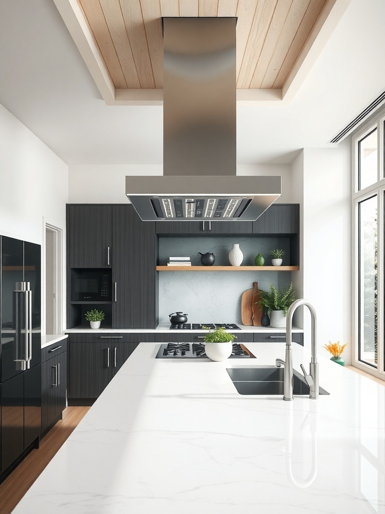 Modern kitchen with a stylish overhead range hood and dark cabinetry.