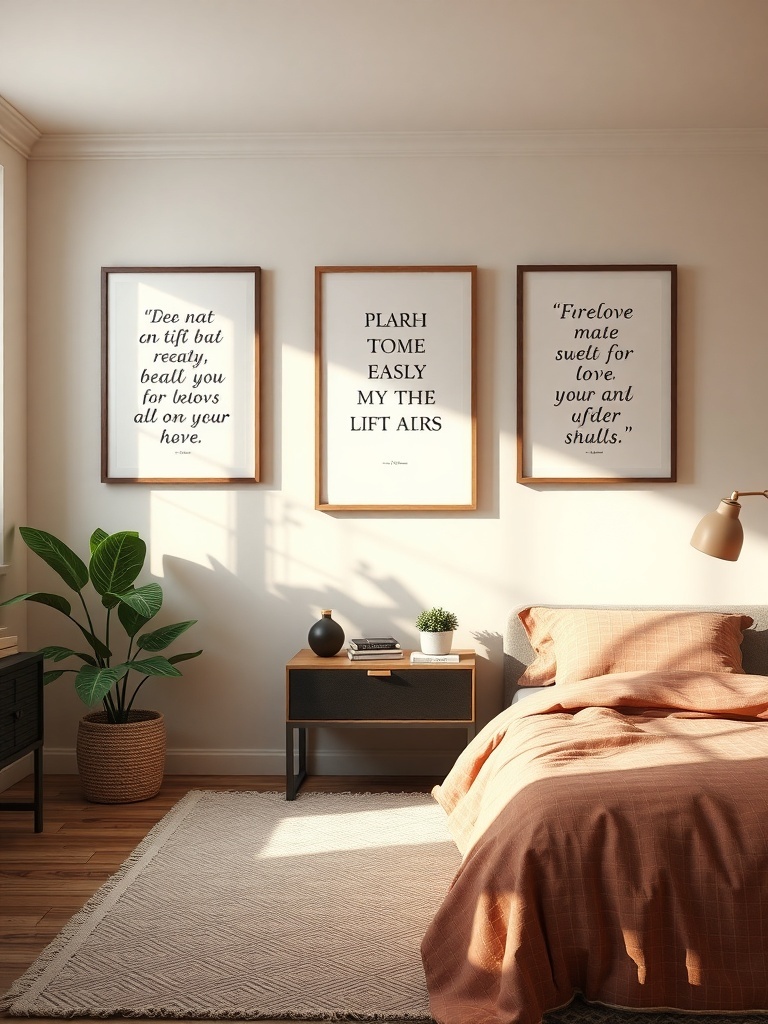 A cozy bedroom with framed inspirational quotes on the wall, a neatly made bed, and a plant beside a nightstand.
