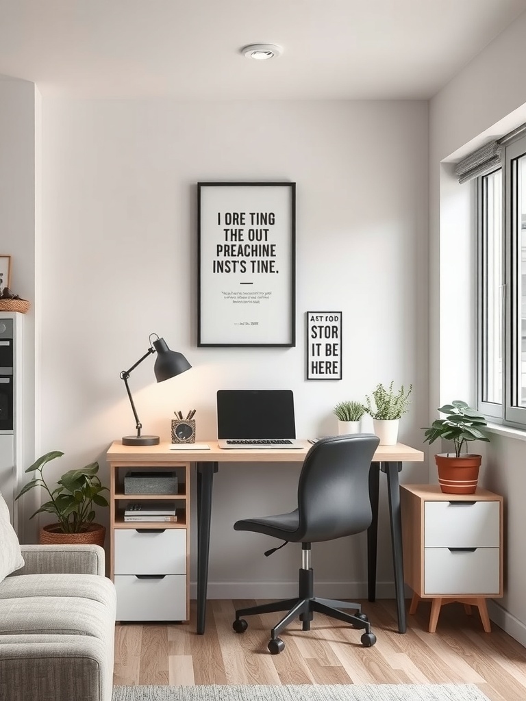 A cozy workspace with a desk, chair, and wall art featuring motivational quotes.