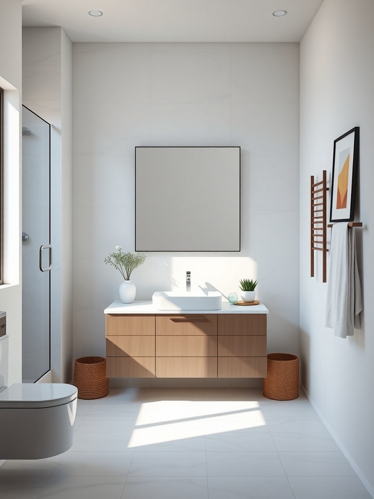 A modern small bathroom featuring a floating vanity with a light wood finish, white countertop, and a large mirror.
