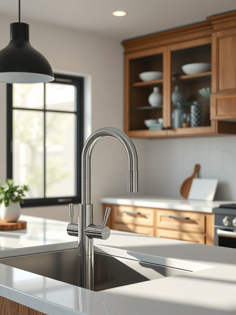 A modern kitchen faucet installed in a stylish kitchen with wooden cabinets and a clean countertop.