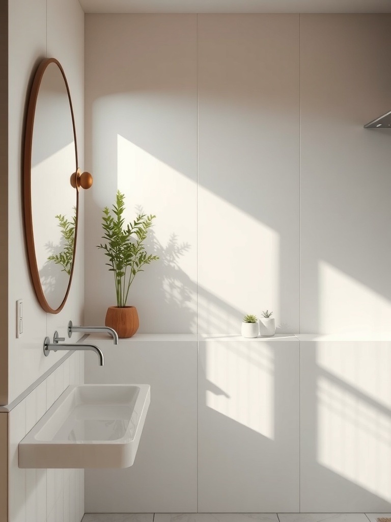 A modern bathroom featuring a wall-mounted faucet, a sleek sink, and decorative plants.