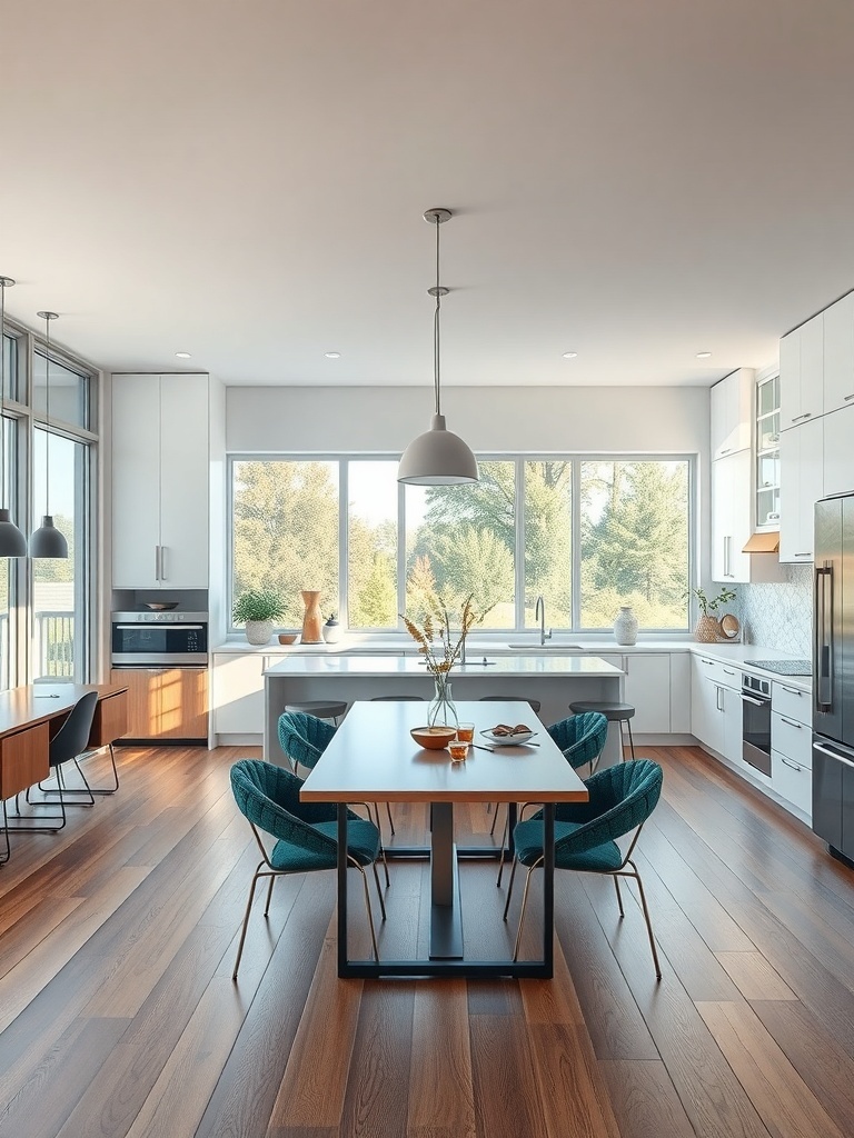 A modern kitchen with an integrated dining area featuring a table and green chairs, large windows, and sleek cabinetry.