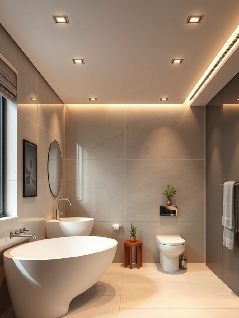 Modern bathroom with integrated lighting solutions featuring recessed lights and wall-mounted lighting.
