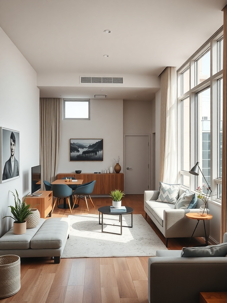 A stylish integrated living and dining space in a modern condo.