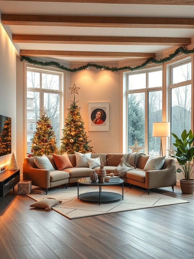 A cozy living room decorated for the holidays with a modern touch.
