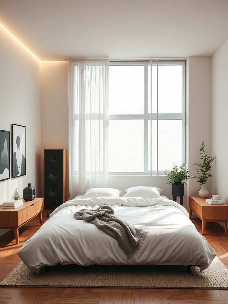 A minimalist bedroom featuring integrated technology with a sound system and smart lighting.