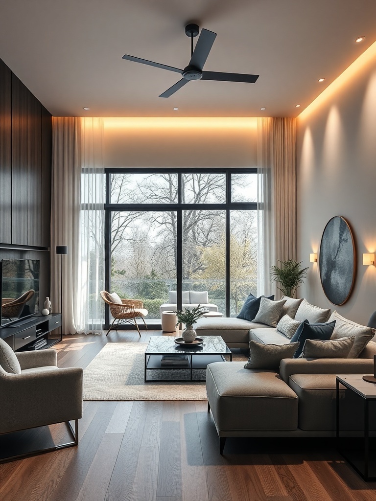 A modern living room with smart lighting and a ceiling fan.