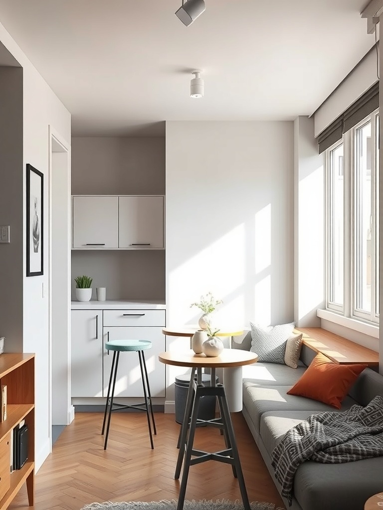 A cozy studio apartment featuring a small dining table with bar stools, bright natural light, and a comfortable seating area.