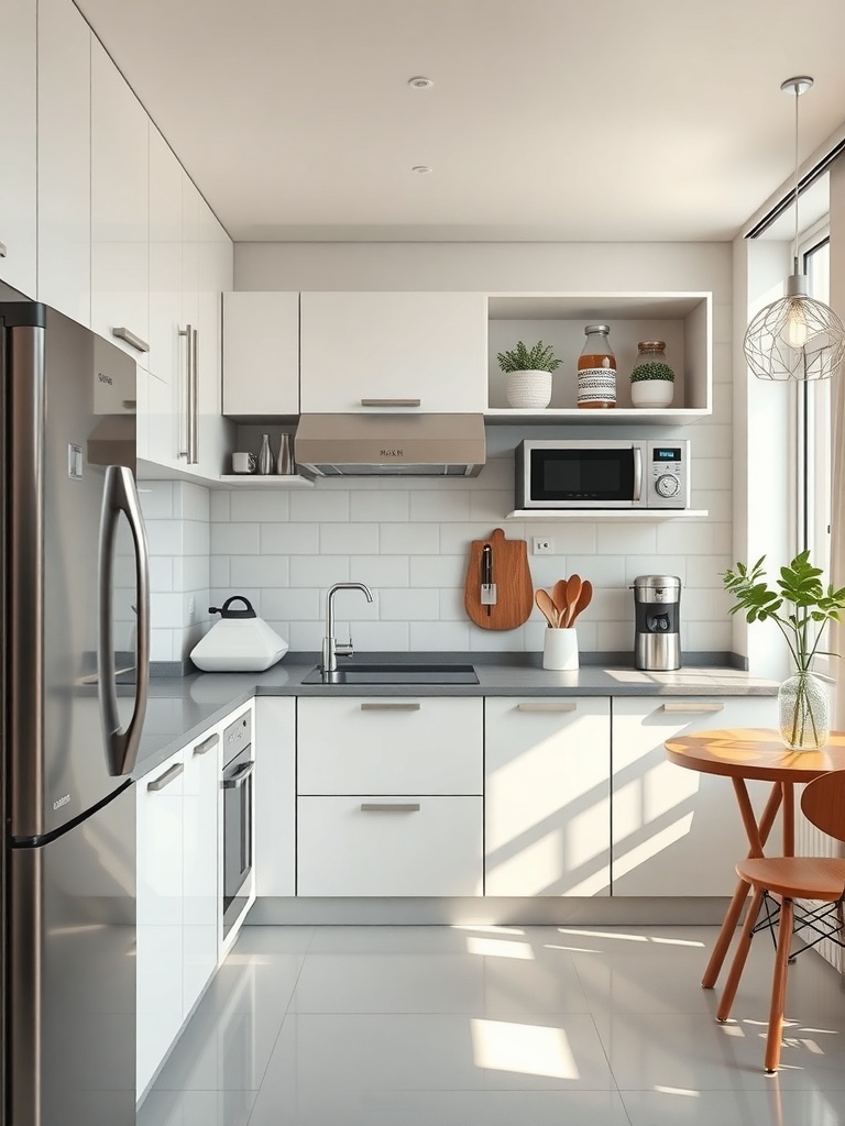 A modern kitchen featuring multi-functional appliances, including a microwave and coffee maker, with a clean and organized layout.