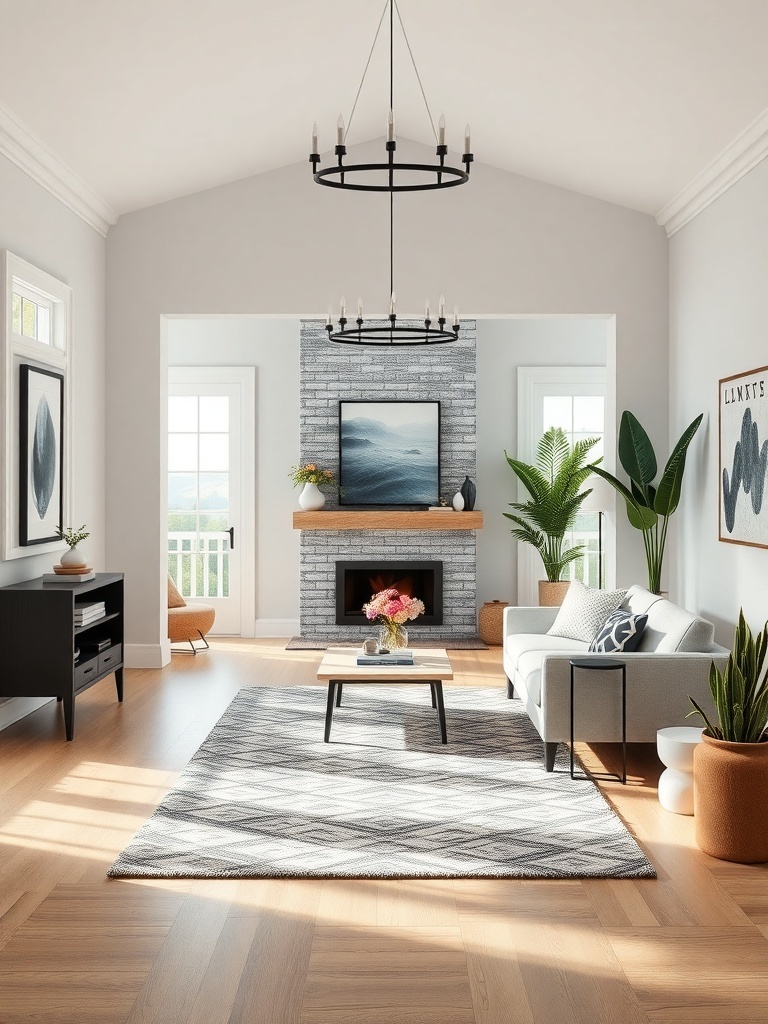 A bright Scandinavian living room with a cozy rug, plants, and a fireplace.