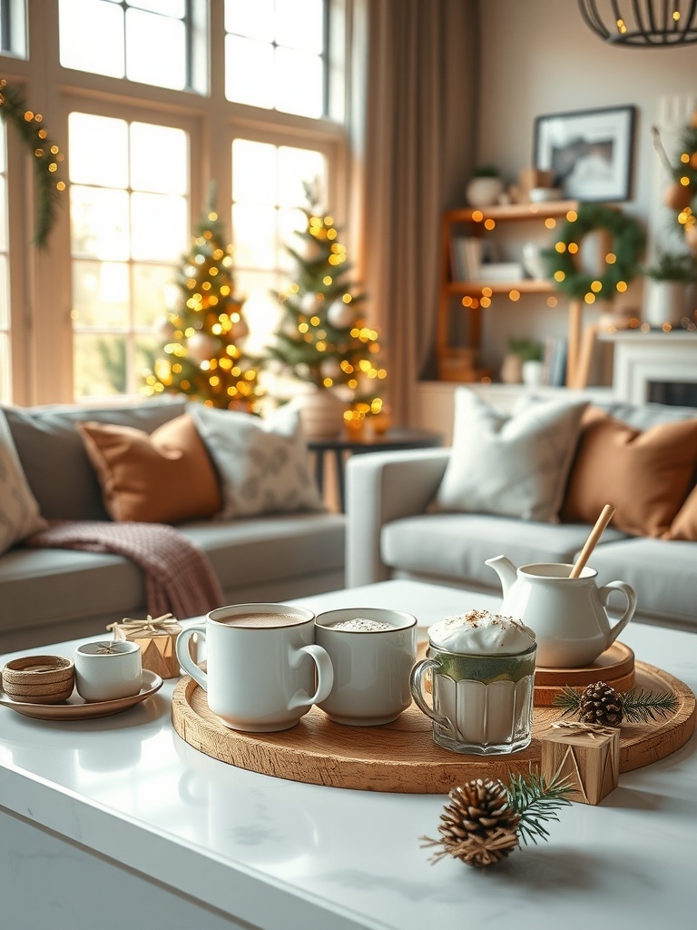 A cozy hot cocoa station with mugs, whipped cream, and festive decorations.