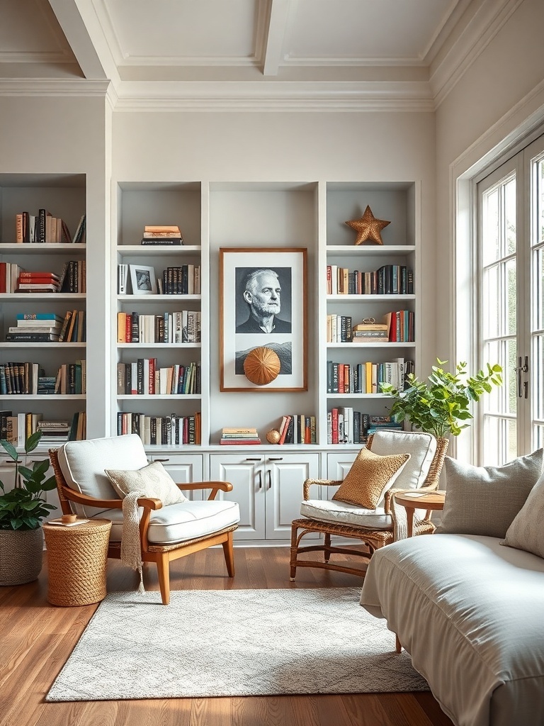 A cozy reading corner in a farmhouse living room with bookshelves, comfortable seating, and plants.