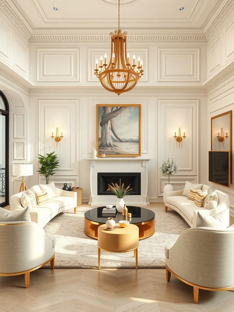 Luxurious living room featuring ivory sofas and gold accents, with a chandelier and elegant decor.