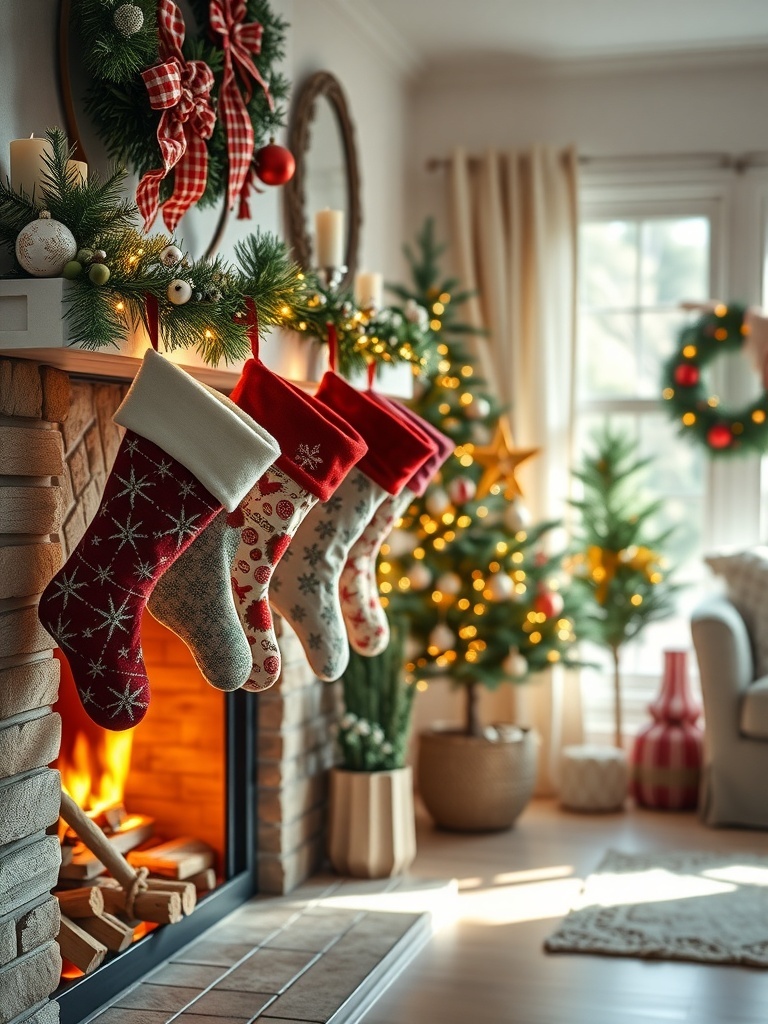 A cozy living room decorated for Christmas with stockings hanging by the fireplace.