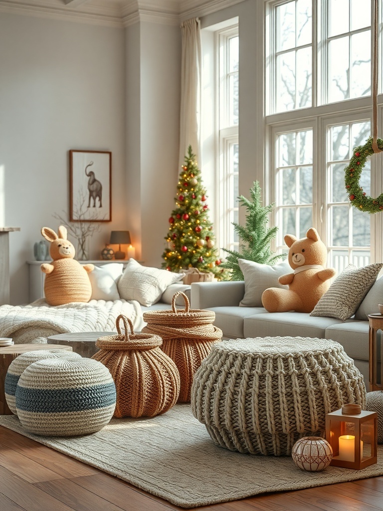 Cozy winter apartment with knitted decor items including poufs and baskets.