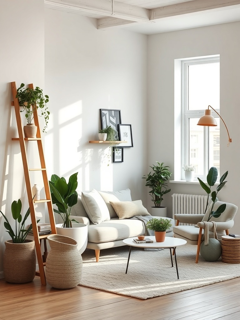A cozy living room featuring a wooden ladder shelf with plants, a comfortable sofa, and a bright atmosphere.