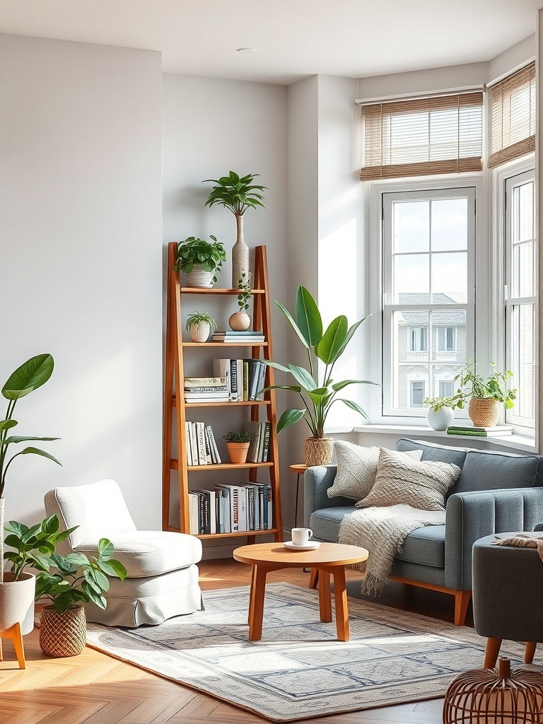 A cozy living room featuring a ladder shelf with books and plants, a comfortable chair, and a small coffee table.