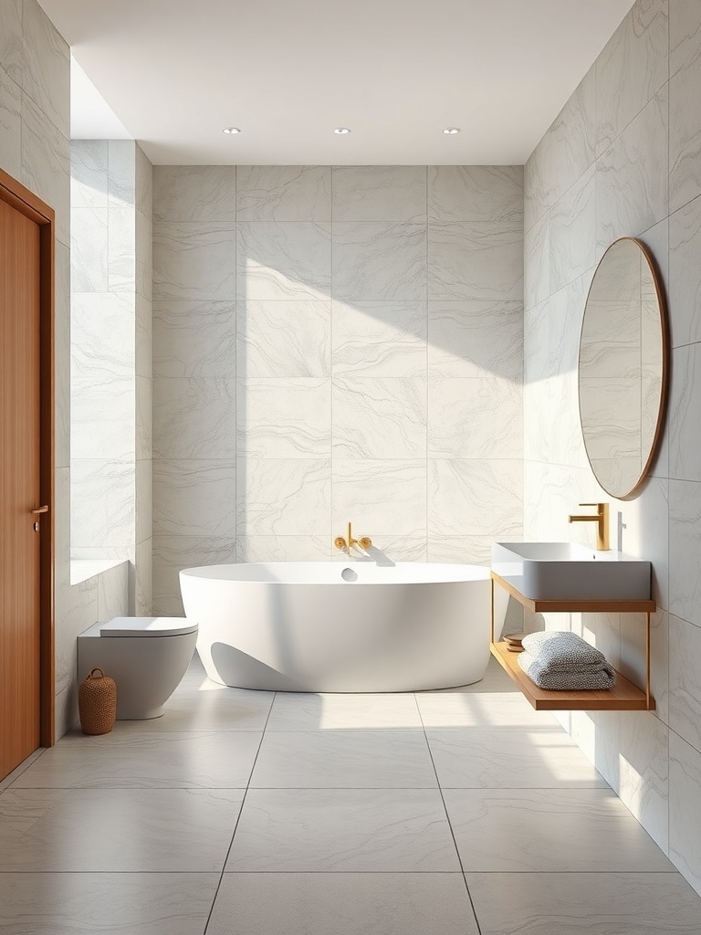 A modern bathroom featuring large format tiles, a freestanding bathtub, and a minimalist design.