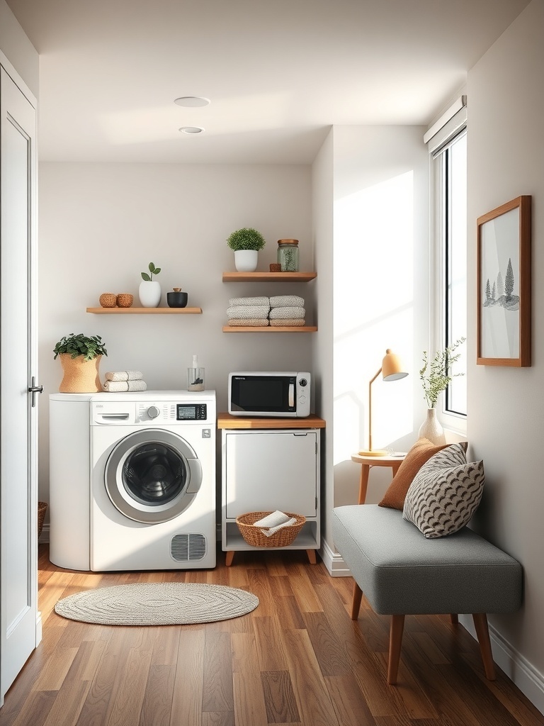 A cozy laundry space with a washing machine, microwave, and seating area.