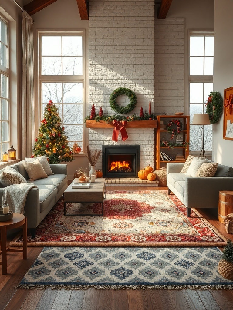 A cozy living room with layered area rugs, a fireplace, and festive decorations.