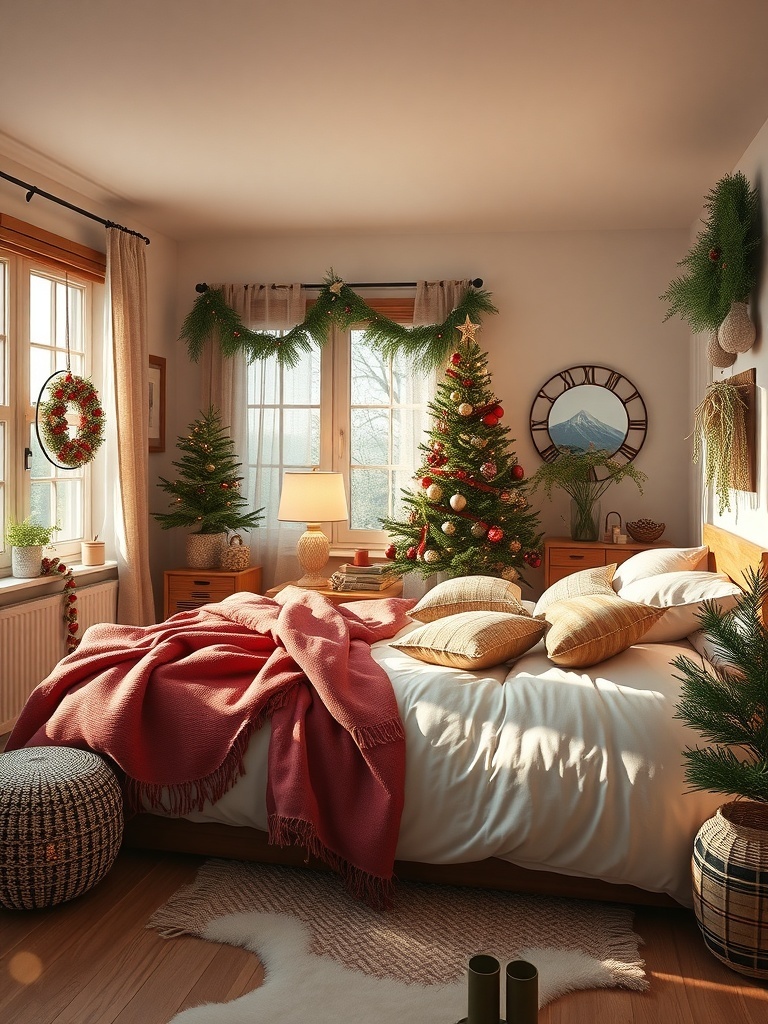 A cozy bedroom with layered bedding, featuring a warm blanket and decorative pillows.