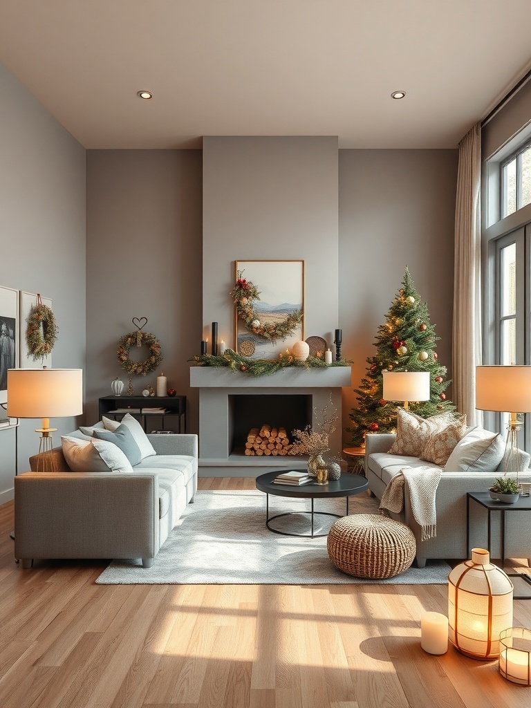 A cozy living room with layered lighting, featuring table lamps, a floor lamp, and a warm ambiance.