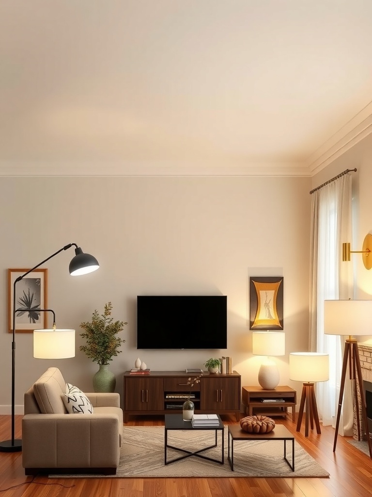 A modern living room with layered lighting, featuring a sofa, floor lamp, table lamps, and a TV.