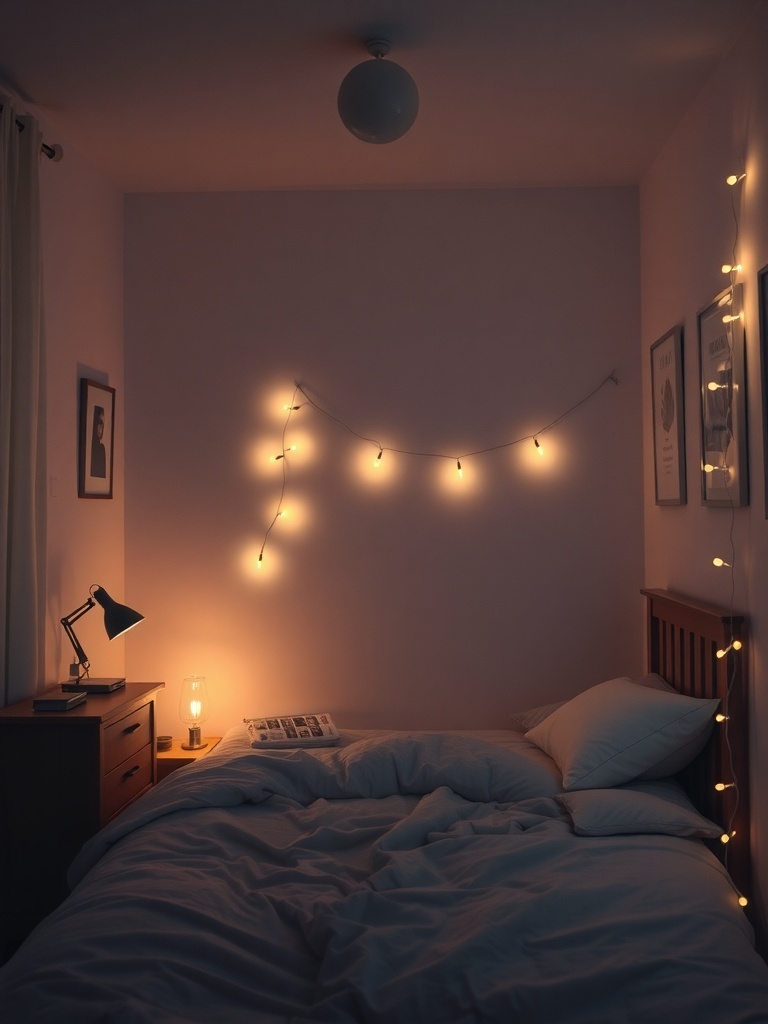 A cozy small bedroom with layered lighting, featuring string lights, a bedside lamp, and an overhead light.