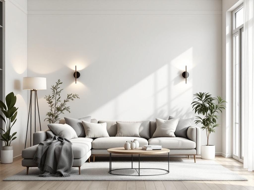 A modern living room with layered lighting, featuring a sofa, floor lamp, wall sconces, and plants.