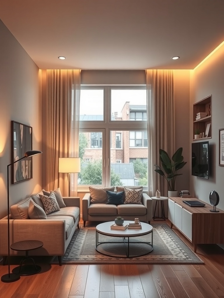 A cozy living room with layered lighting, featuring a floor lamp, table lamp, and ceiling lights.