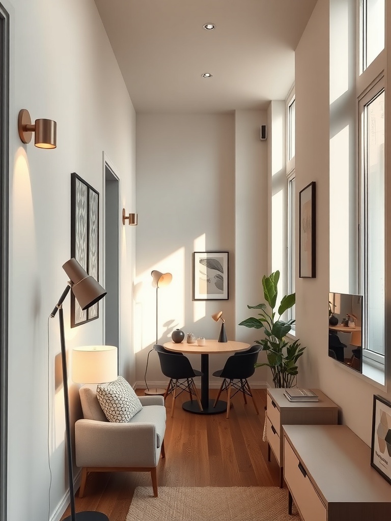 A narrow apartment with layered lighting including wall sconces and a floor lamp.