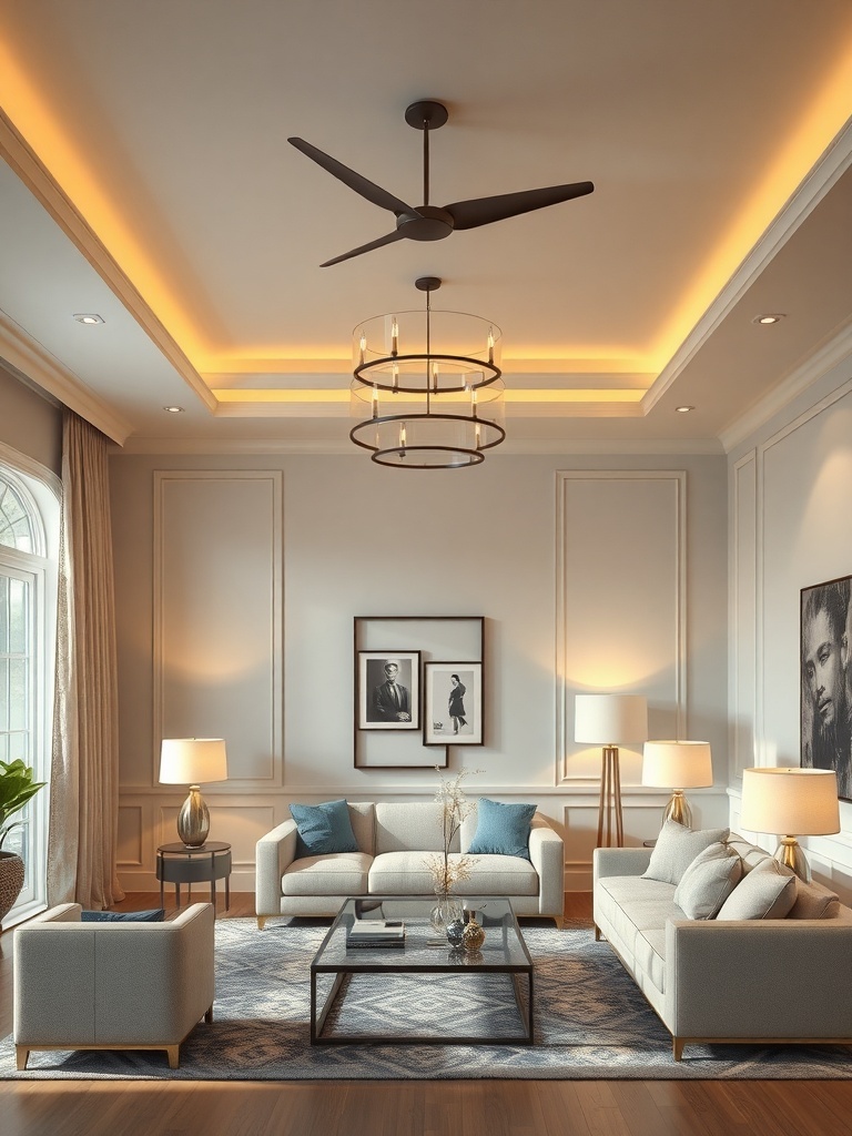 A stylish living room featuring layered lighting with a ceiling fan, pendant light, and table lamps.