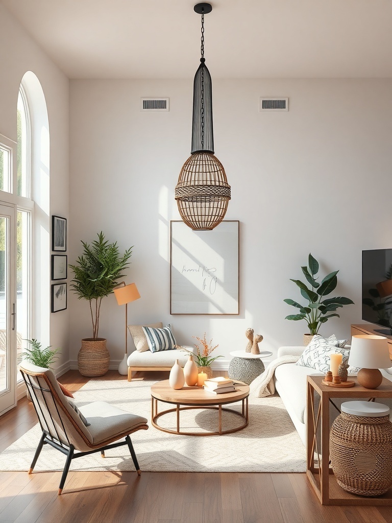 A bright boho living room featuring layered lighting with a woven pendant lamp, table lamps, and floor lamps.