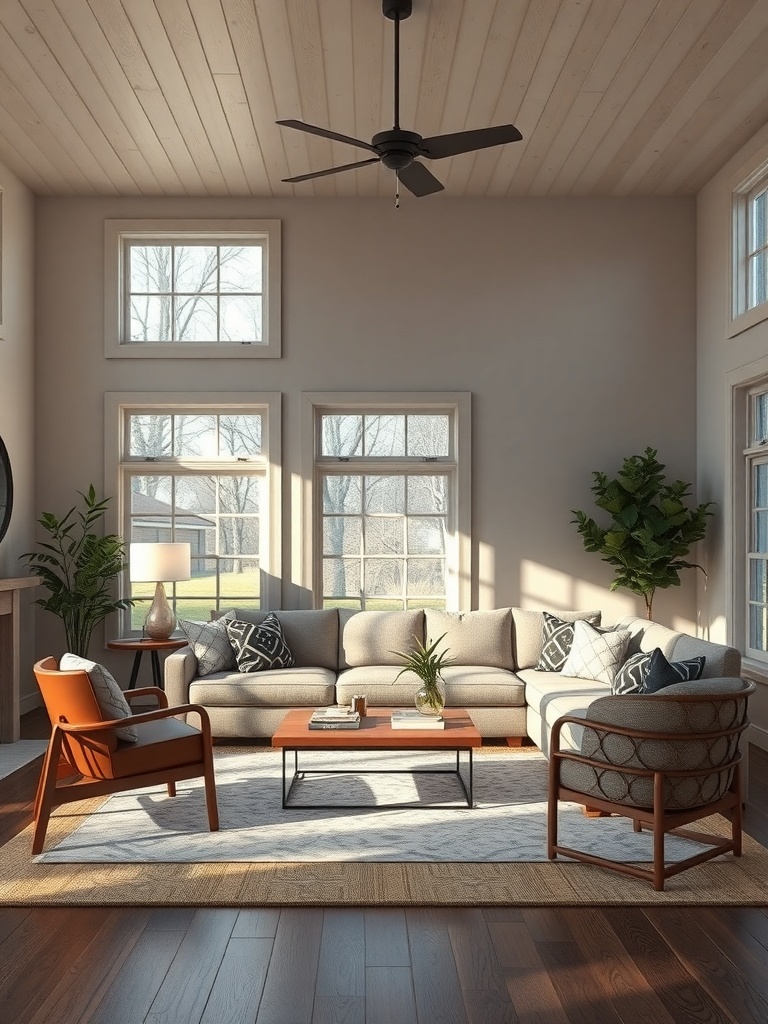 A bright and airy farmhouse living room with large windows, a comfortable sofa, and stylish lighting.