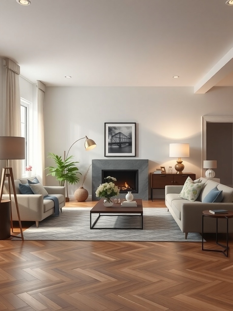 A Scandinavian living room featuring layered lighting with a floor lamp, table lamp, and recessed lights.