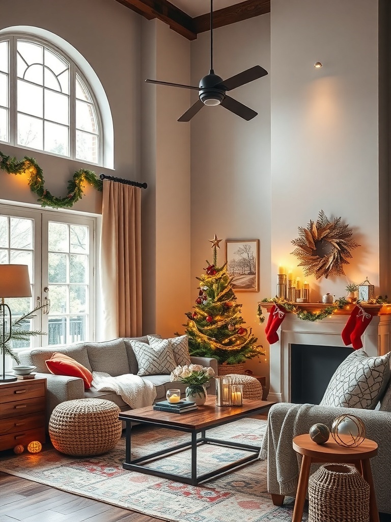 A cozy living room with layered lighting, featuring a ceiling fan, table lamps, and a Christmas tree.