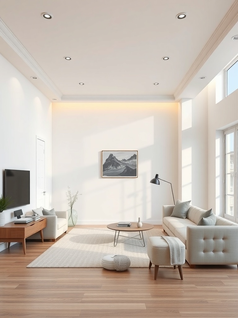A modern living room with layered lighting, featuring recessed lights, a floor lamp, and natural light from large windows.