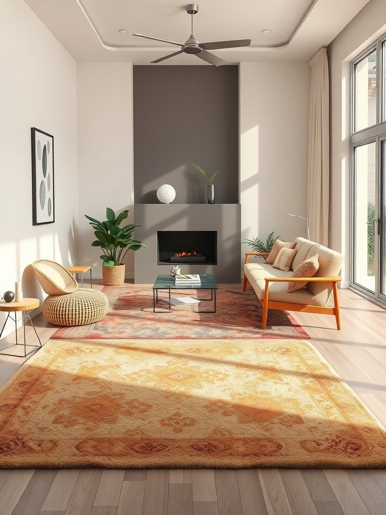 A cozy living room featuring layered rugs in warm earth tones, with a modern sofa and plants.