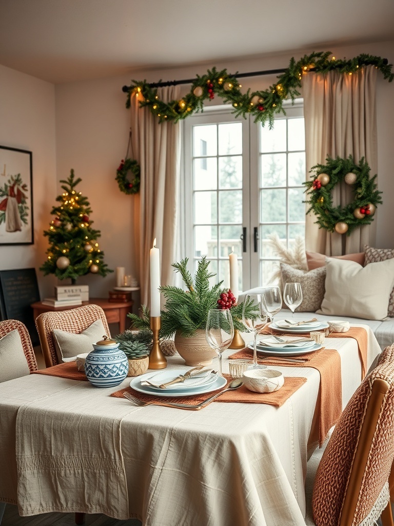 A cozy holiday table setting with layered textiles, featuring a beige tablecloth, orange runner, and decorative elements.