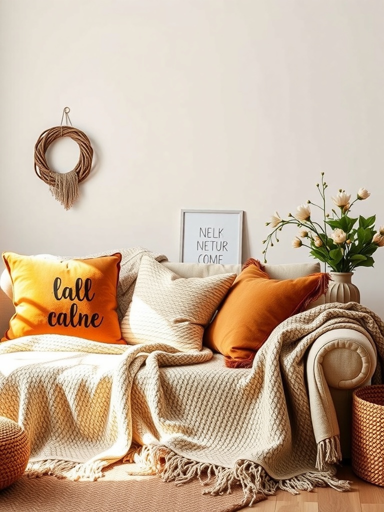 Cozy living room with layered textiles, featuring a sofa with cushions and a knitted blanket.