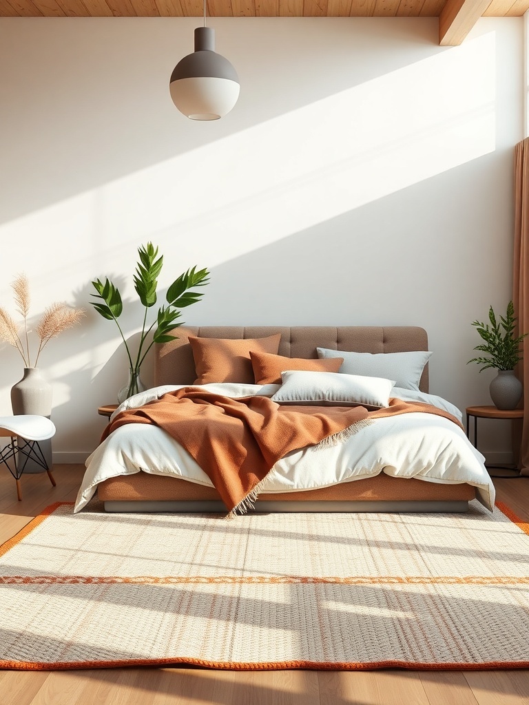 A modern bedroom featuring a layered bed with warm textiles, a woven rug, and plants for a cozy atmosphere.