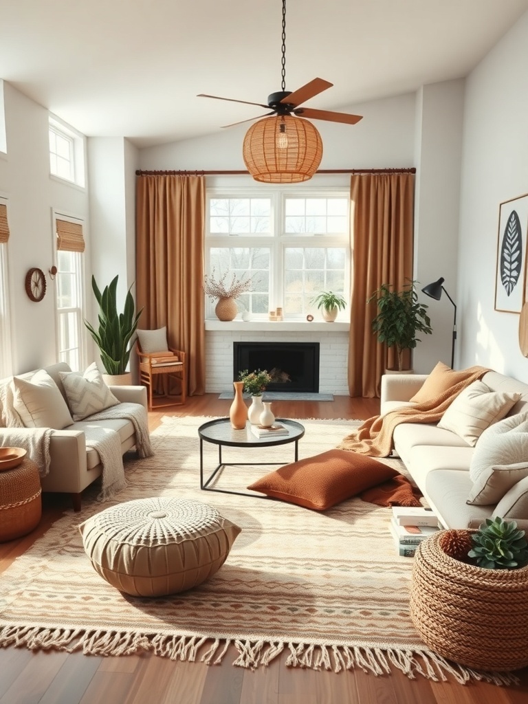 A cozy boho living room with layered textiles, including pillows, throws, and a patterned rug.