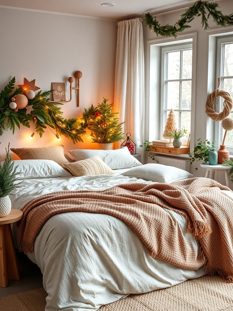 A cozy bedroom featuring layered textiles, including blankets and decorative pillows, with warm lighting and greenery.