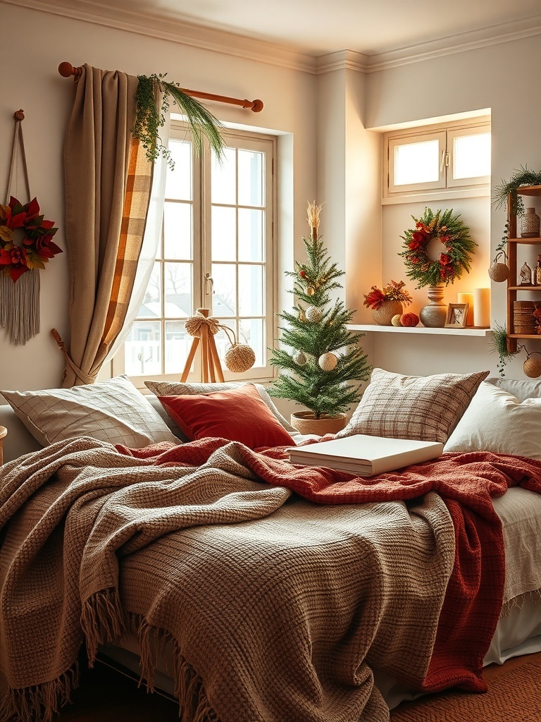 A cozy living room with layered textiles including blankets and pillows.