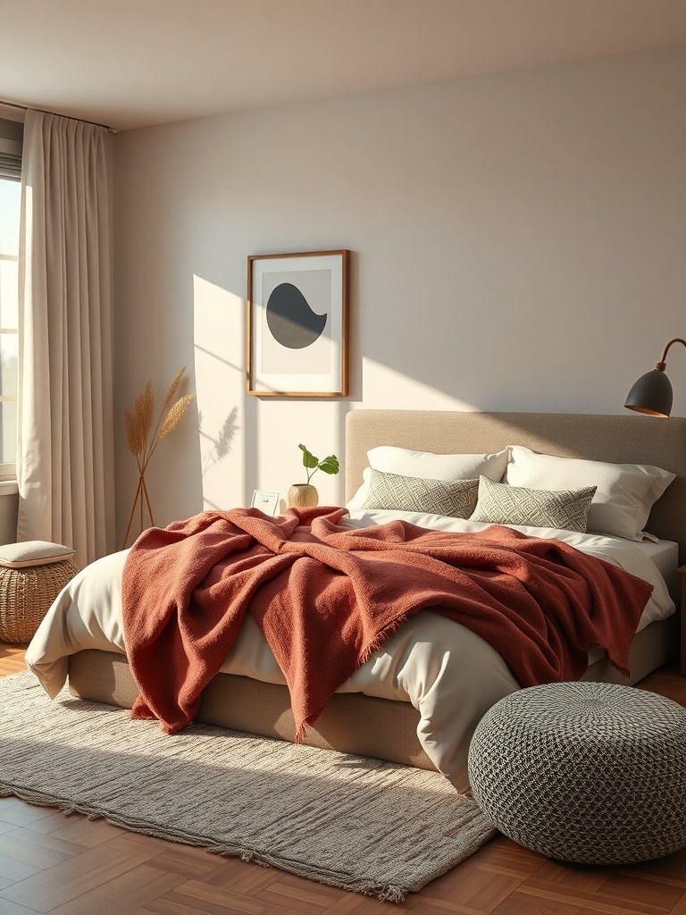 Cozy bedroom with layered textiles including a rust-colored throw blanket on a bed, decorative pillows, and a woven pouf.