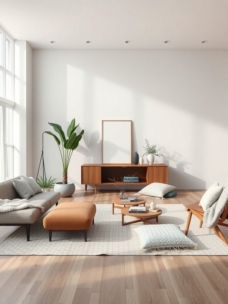 A minimalist living room featuring layered textures with a sofa, ottoman, wooden furniture, cushions, and plants.