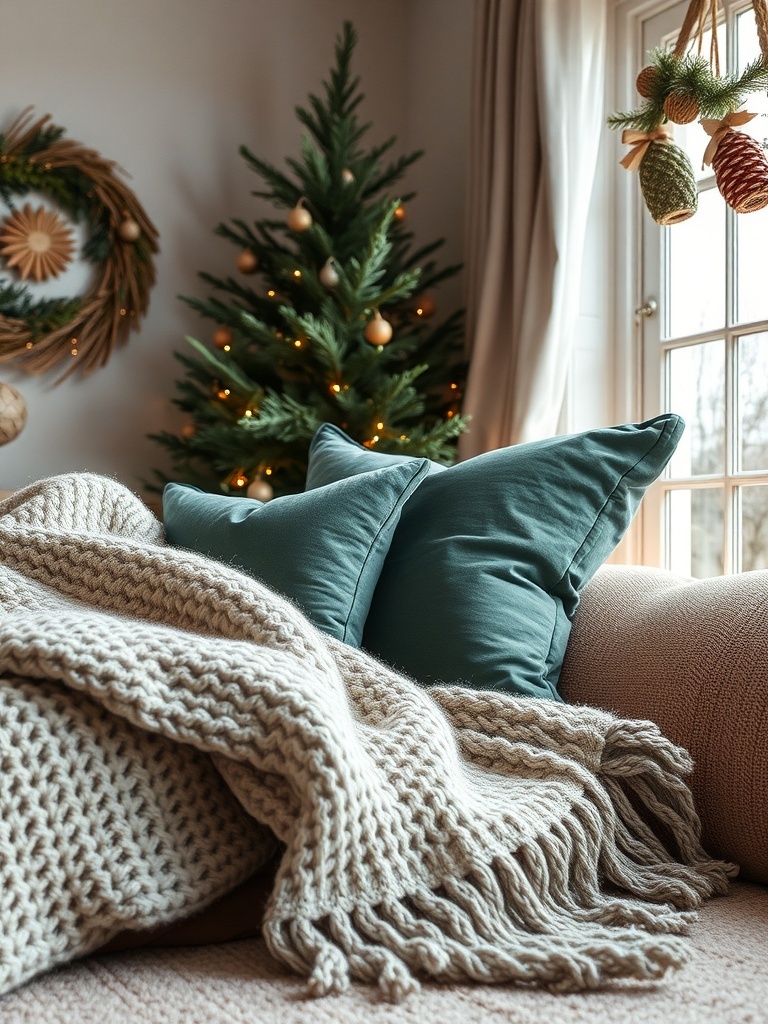 Cozy winter apartment decor with layered textures including a knitted blanket and soft pillows.