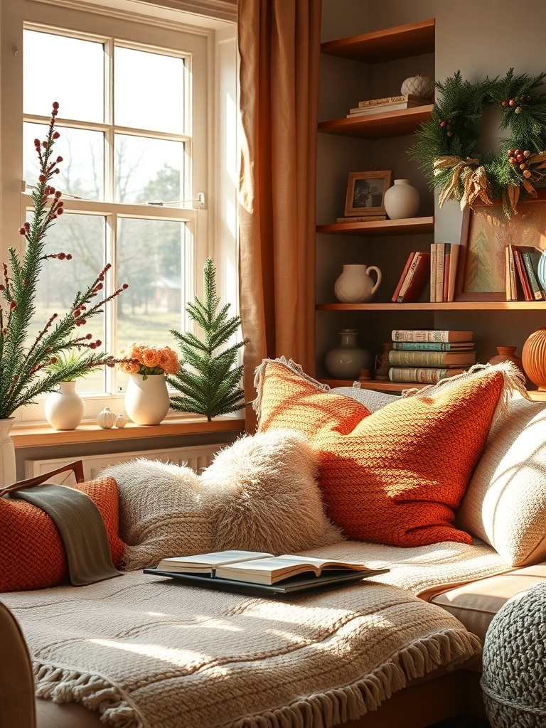 A cozy living room corner with layered pillows in various textures and colors.